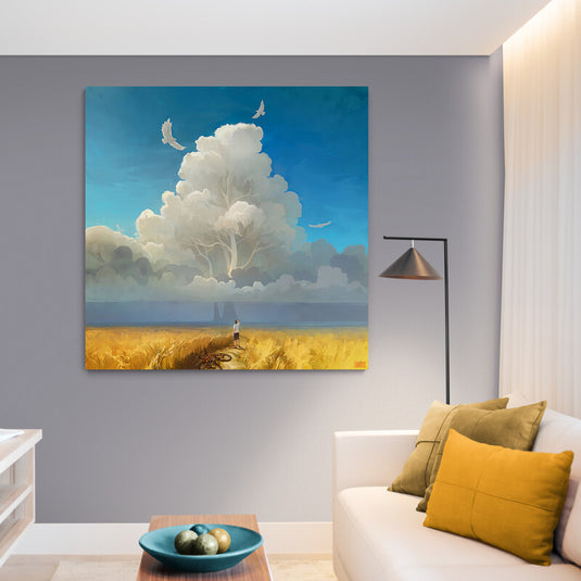 Cielo con nubes blancas formando un árbol en pintura decorativa.
