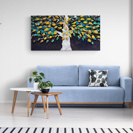 Cuadro_decorativo_tronco_blanco_hojas_amarillas_turquesas_fondo_café