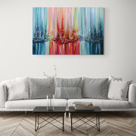 Pintura de veleros con reflejos coloridos en el agua estilo impresionista