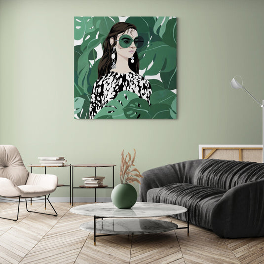 Cuadro decorativo de mujer con gafas entre hojas tropicales – arte moderno minimalista con estilo natural y elegante para sala o estudio