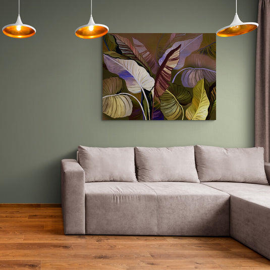 Cuadro decorativo tropical con hojas estilizadas en tonos verdes, marrones y púrpuras, estilo cálido y natural.
