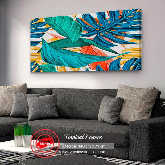 Hojas tropicales en tonos azules, verdes y naranjas sobre fondo blanco