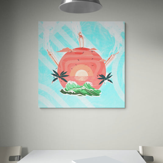 Ilustración gráfica de un atardecer tropical dentro de una caracola