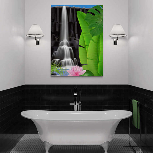 Cascada tropical con hojas de banano y flor de loto en cuadro decorativo hiperrealista