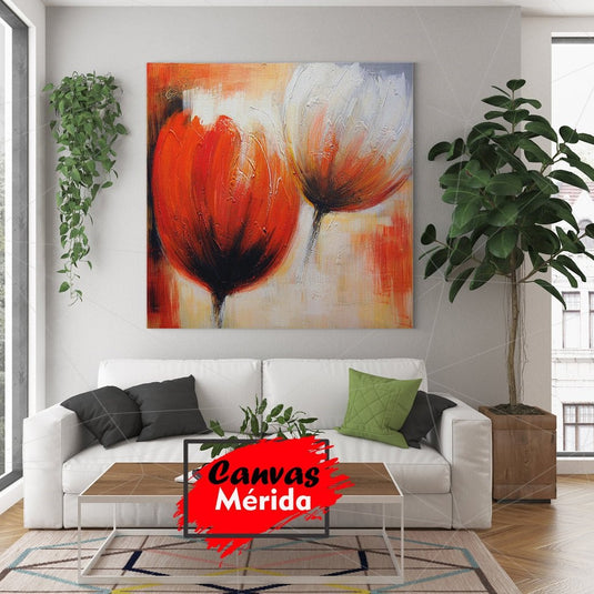 Tulipanes abstractos en rojo y blanco con fondo cálido