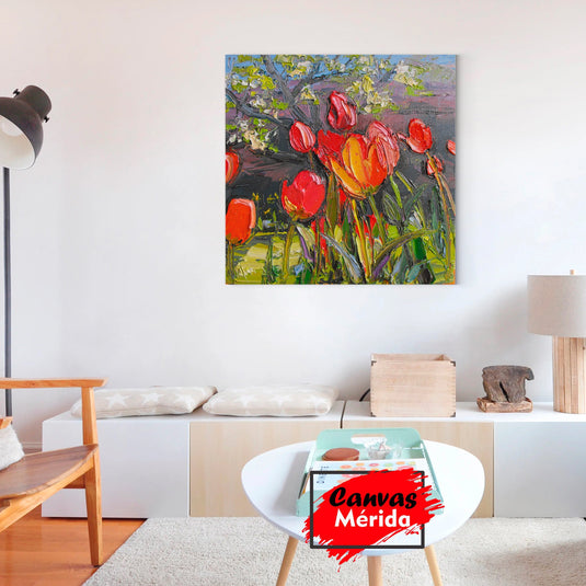 Pintura al óleo de tulipanes rojos y anaranjados en un paisaje primaveral