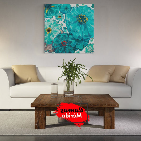 Flores abstractas en tonos turquesa con detalles en amarillo y rojo