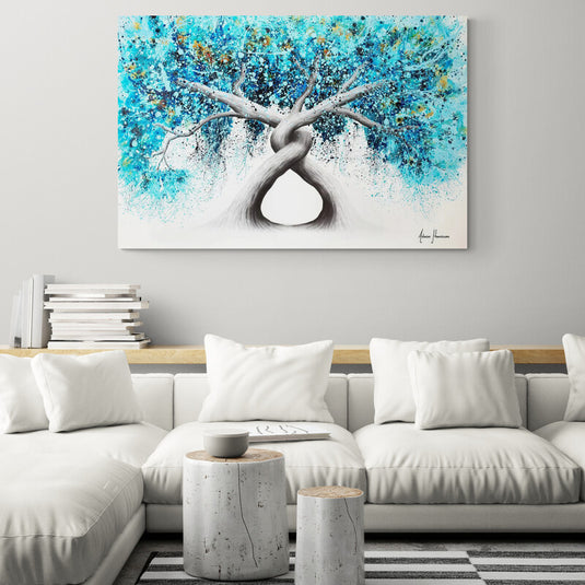 Cuadro Decorativo de Árboles Entrelazados con Hojas Turquesa en Fondo Blanco