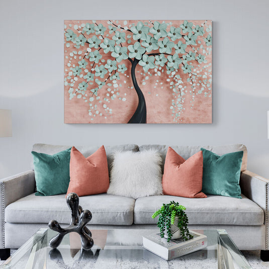 Árbol_oscuro_con_flores_turquesas_sobre_fondo_coral_pintura_decorativa