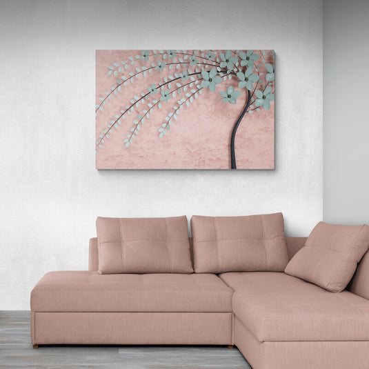 Cuadro_Decorativo_Arbol_Delgado_Petalos_Flores_Turquesa_Fondo_Rosa_Suave