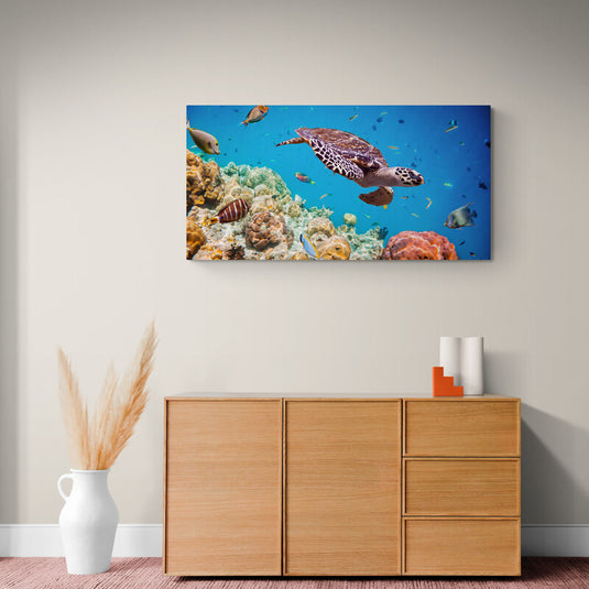 Fotografía vívida de una tortuga marina nadando en un arrecife colorido