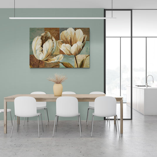 Pintura de tulipanes en tonos neutros con fondo geométrico