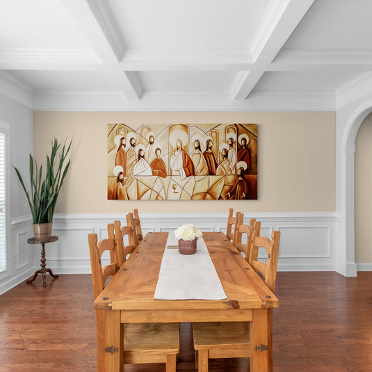 Interpretación moderna de la Última Cena con colores cálidos y formas geométricas.