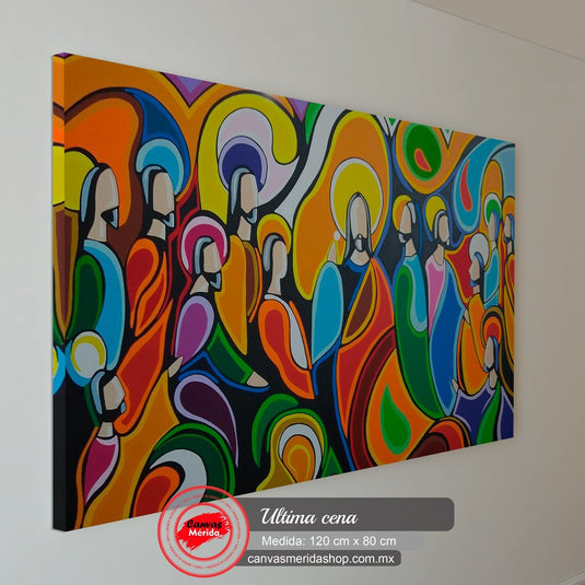 Arte sacro contemporáneo con figuras estilizadas de Jesús y apóstoles en colores vivos.