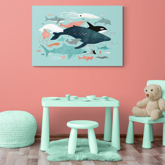 Ilustración estilizada de diversas criaturas marinas en tonos pasteles