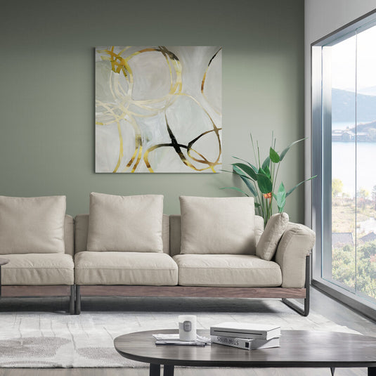 Cuadro abstracto con líneas curvas doradas, blancas y negras en un diseño minimalista y moderno.