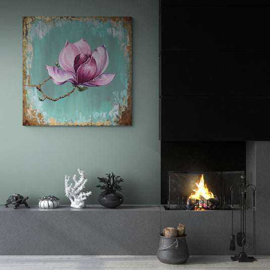 Flor de magnolia sobre fondo turquesa envejecido