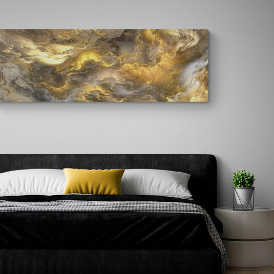 Cuadro abstracto con texturas orgánicas y tonos cálidos de amarillo dorado, inspiración celestial y etérea.