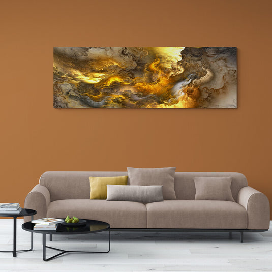 Cuadro abstracto con texturas fluidas y tonos cálidos de amarillo y dorado, estilo dinámico y celestial.