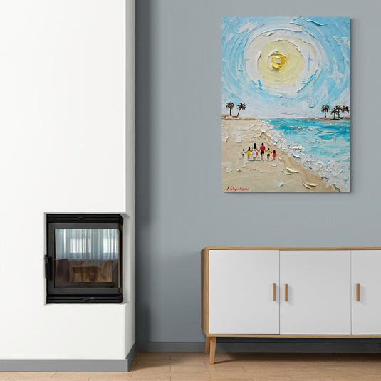 Pintura texturizada de personas caminando en la playa bajo un gran sol