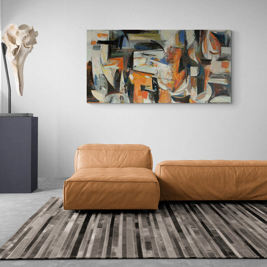 Cuadro abstracto con formas geométricas y tonos terracota, grises y neutros.