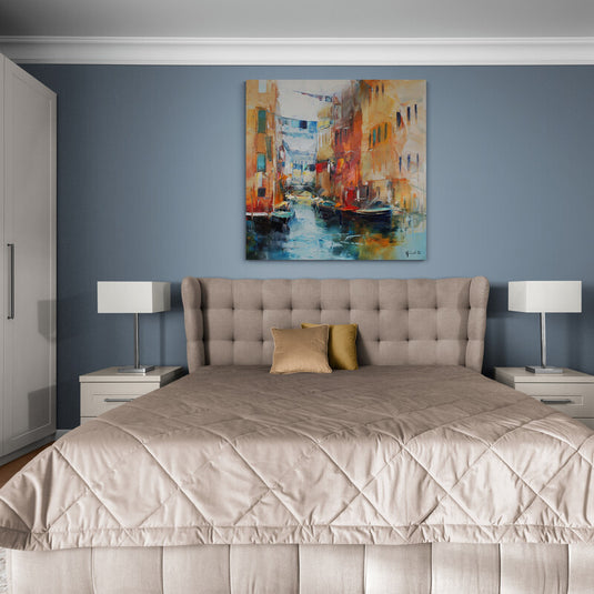 Cuadro decorativo de arquitectura futurista con rascacielos modernos y diseño orgánico en tonos claros