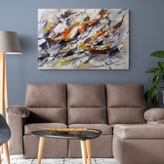 Cuadro abstracto moderno con colores neutros y toques vibrantes