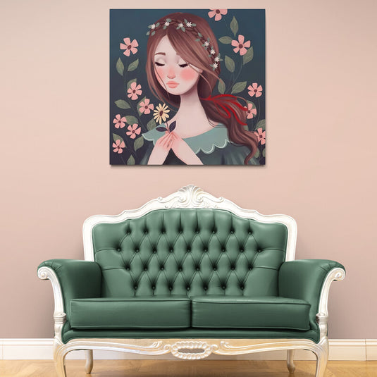 Ilustración de joven con corona de flores y fondo flora