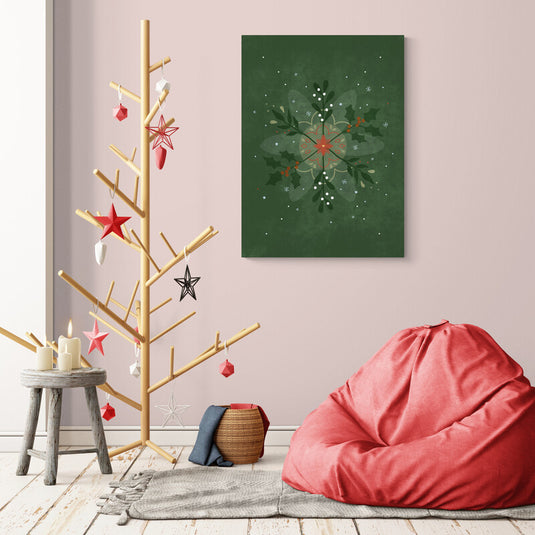 Motivo festivo geométrico con acebo y copos de nieve sobre fondo verde