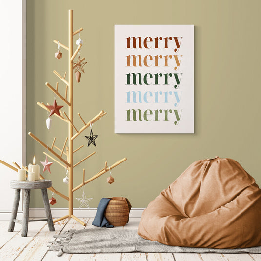 Arte tipográfico festivo con la palabra 'merry' en tonos variados que evocan una moderna paleta navideña y celebran la temporada con estilo minimalista