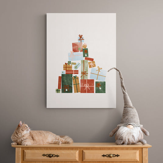 Pirámide de regalos festivos en acuarela con cintas coloridas