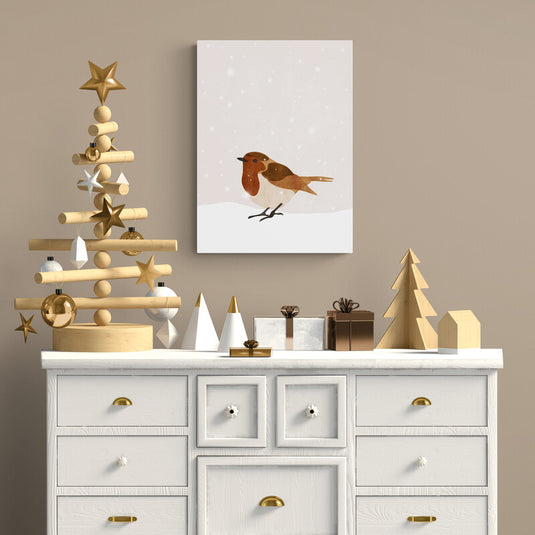 Petirrojo en paisaje nevado con fondo crema y copos de nieve