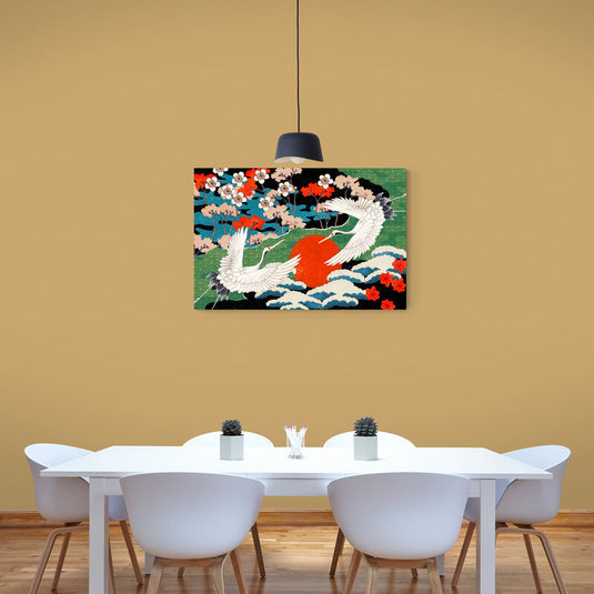 Cuadro decorativo con diseño floral blanco sobre césped verde, detalles en azul y negro, flores rojas y dos pájaros majestuosos de alas grandes y patas delicadas en un estilo pictórico.