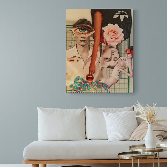 Collage surrealista con rostros y elementos naturales que desafían la percepción en arte contemporáneo