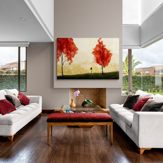 Cuadro_Decorativo_Mujer_Contemplativa_Con_Arboles_Rojos_y_Hojas_Desprendiéndose_en_Viento_Fondo_Amarillo_Arena