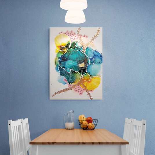 Cuadro decorativo con fondo beige claro, destacando flores minimalistas en azul y verde, complementadas por ramas en tonos amarillos y rosas.