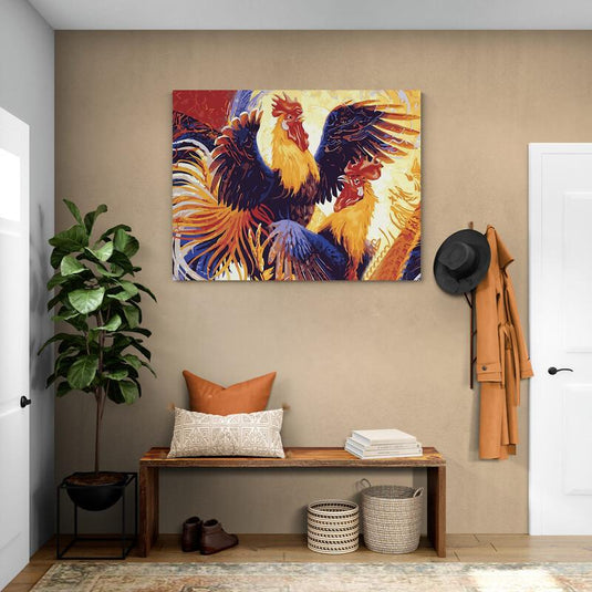 Cuadro de gallos vibrantes en entrada moderna