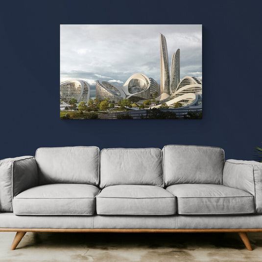 Cuadro decorativo de arquitectura futurista con rascacielos modernos en tonos metálicos sobre fondo urbano