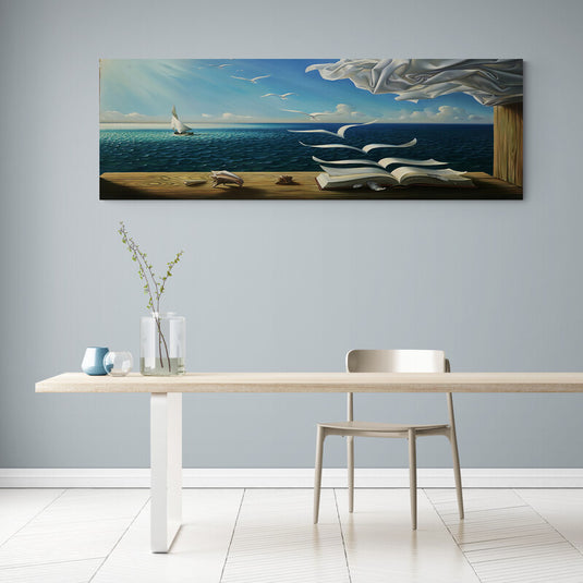 Pintura surrealista de libros transformándose en velas y aves en el océano