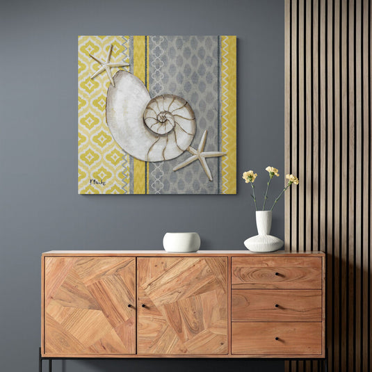 Cuadro decorativo de caracol y estrellas de mar con patrones geométricos
