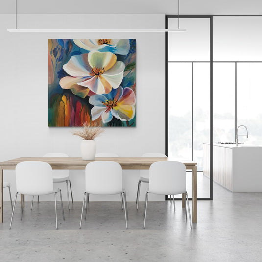 Flores pintadas en tonos suaves con fondo colorido