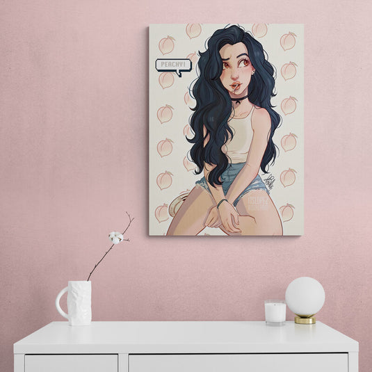 Ilustración estilo cartoon de chica con fondo de duraznos y texto Peachy