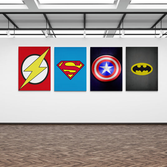 Set de cuadros decorativos minimalistas con símbolos de superhéroes: Flash, Superman, Capitán América y Batman – arte pop moderno para cuartos temáticos y juveniles