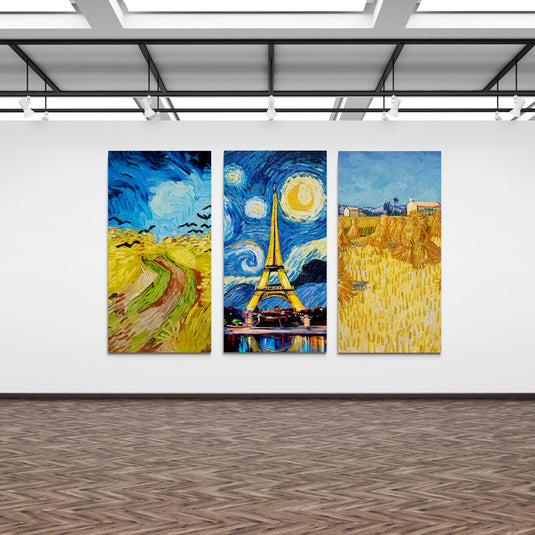 Tríptico decorativo estilo Van Gogh con la Torre Eiffel y paisajes campestres – arte postimpresionista moderno con colores vibrantes para decoración artística