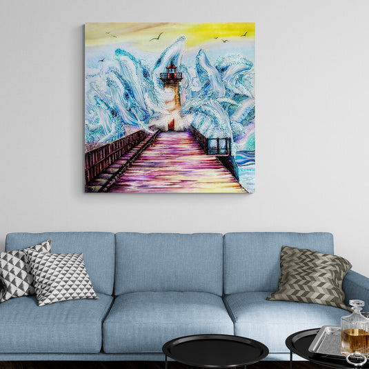 Pintura colorida de un faro con olas estilizadas como criaturas míticas