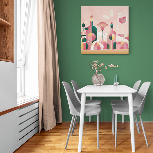 Composición abstracta y modernista con elementos de vino y frutas en colores pastel