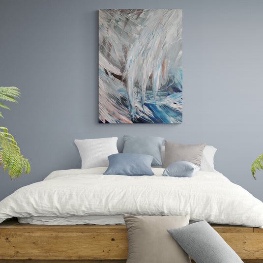 Abstracto con plumas flotantes en tonos blancos, azules y rosa