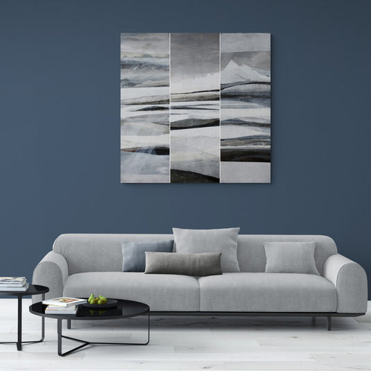 Cuadro decorativo abstracto de paisajes invernales en tonos grises y blancos