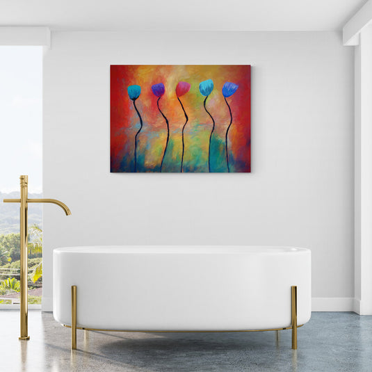 Flores estilizadas en fondo abstracto de colores vibrantes