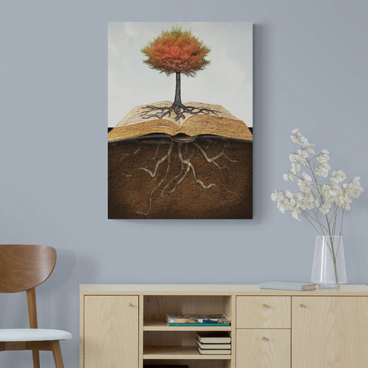 Cuadro Decorativo: Tierra con Raíces, Libro Abierto y Árbol con Hojas Naranjas en Cielo Gris